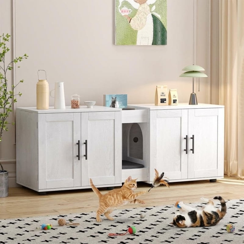 TROPOW Double Litter Box Enclosure,55" Furniture for 2 Cats, TV Stand,Waterproof Easy-Clean Surface,Cabinet Buckles & Storage Grooves,Suitable for living room, furniture decoration