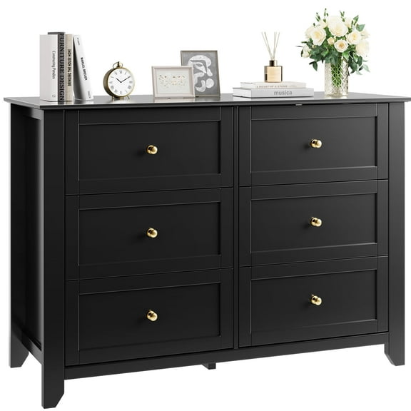 TROPOW Dressers & Chests of Drawers,6 Chest of Drawer Dresser, Modern and Stylish Dresser, Deep Drawers and Nickel Round Handle, Wood Organizer Dresser with Ample Storage Space for Bedroom,Black