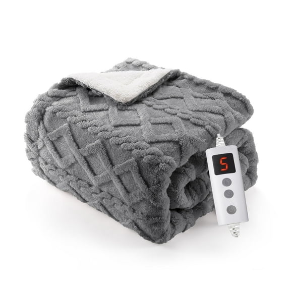 TROPOW Electric Throw Blanket 50" x 60", Fast Heating Blanket with 10 Heating Levels, Thick Tufted Sherpa Blanket, Machine Washable Gray