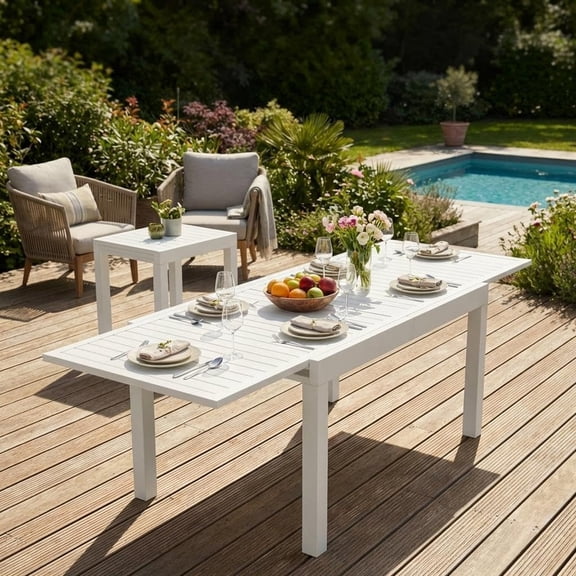 TROPOW Expandable Outdoor Dining Table for 6, 31.5"-63" Extendable Patio Table with Aluminum Frame for 4,White Outdoor Deck Patio Table, Waterproof Rectangular Table for Garden, Deck, Pool