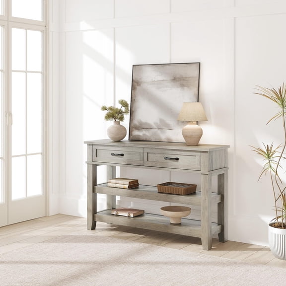 TROPOW Farmhouse 3-Tier Wooden Console Table with 2 Storage Drawers Versatile Entryway and Living Room Sofa Table