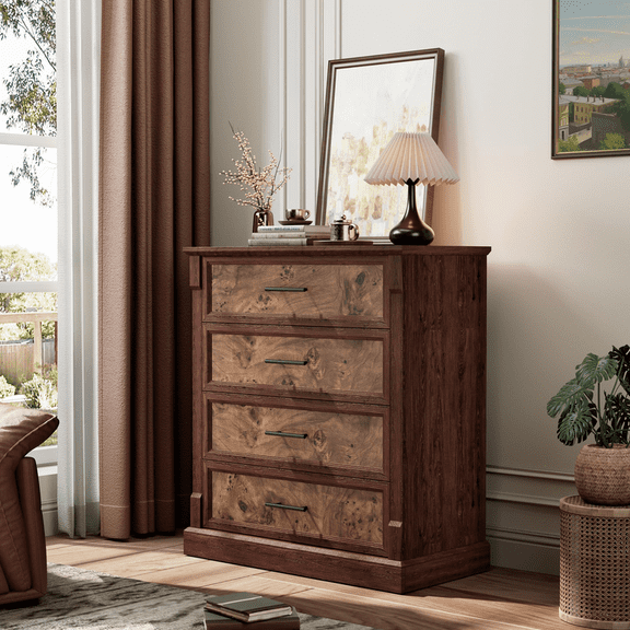 TROPOW Farmhouse 4 Drawer Dresser for Bedroom, Tall Chest of Drawers with Metal Handles, Rustic Wooden Dresser TV Stand, for Living Room, Hallway,Brown