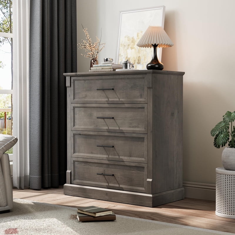 TROPOW Farmhouse 4 Drawer Dresser for Bedroom, Tall Chest of Drawers with Metal Handles, Rustic Wooden Dresser TV Stand, for Living Room, Hallway, Grey