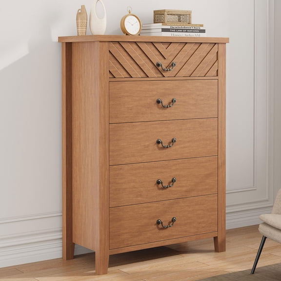 TROPOW Farmhouse 5 Dresser for Bedroom, 45.2 in Tall Dresser, Vertical Drawer with Storage Freestanding, Wooden Closet Storage Chest for Bedroom,Brown