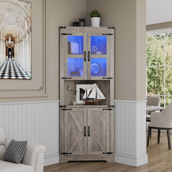 TROPOW Farmhouse Corner Cabinet with Lights, Tall Corner Storage Cabinet with Glass Door & Adjustable Shelves, for Living Room, Kitchen, Bathroom