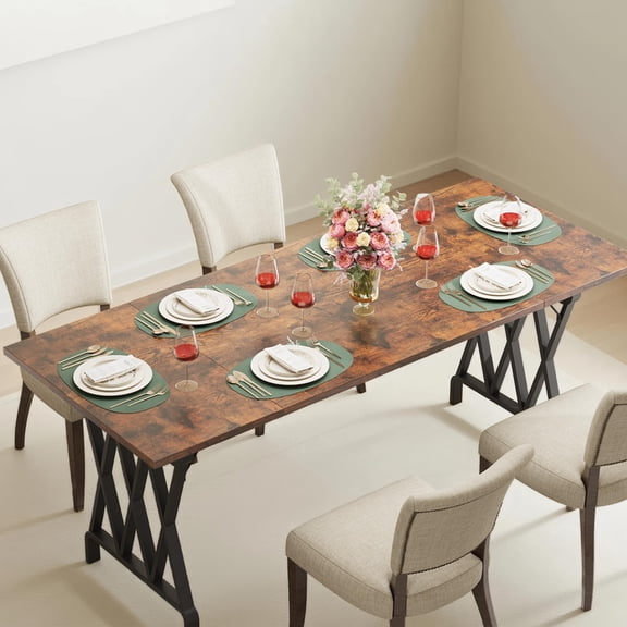TROPOW Farmhouse Dining Table for 4-8 People, 70.9" Long Rectangular Dining Table, Thick Flamed Wood Grain Top, Wooden Kitchen Table with Sturdy Metal Frame for Dining Room - Rustic Brown
