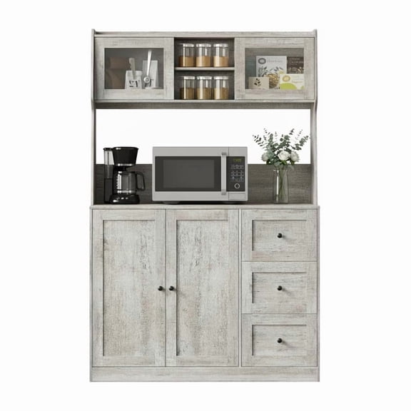 TROPOW Farmhouse Pantry Cabinet with Microwave Shelf, Kitchen Hutch Storage Cabinet with Countertop, Drawers & Glass Doors, Wooden Coffee Bar Station for Dining Room Living Room