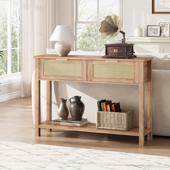 TROPOW Farmhouse Rattan Entryway Console Table, 43" Narrow Sofa Table Behind Couch, Wood Hallway Entry Table with Drawers, Open Shelf Storage, Entryway Furniture Home Decor Accent Table