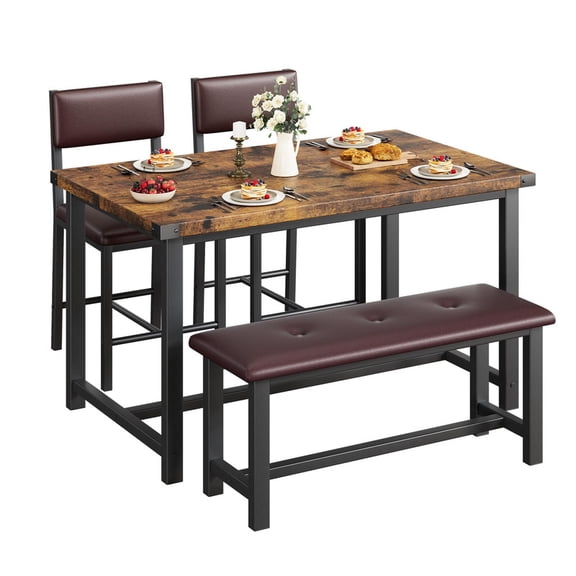 TROPOW Farmhouse Style Dining Table Set for 4, Includes Space-Saving Wooden Table, Upholstered Bench, and Two Comfortable Chairs, Perfect for Kitchen, Dining Room, or Apartment Living