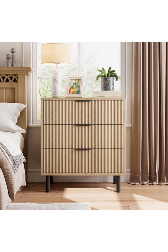 Fluted 3 Drawers Dresser, Wide Wood Chest of Drawers, Modern Storage Dresser Chest of Drawers Organizer with Metal Legs and Anti-Tipping Device for Bedroom Living Room