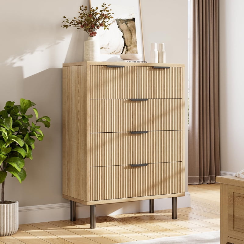 TROPOW Fluted 5 Drawers Dresser, Wide Wood Chest of Drawers, Modern Storage Dresser Chest of Drawers Organizer with Metal Legs and Anti-Tipping Device for Bedroom Living Room