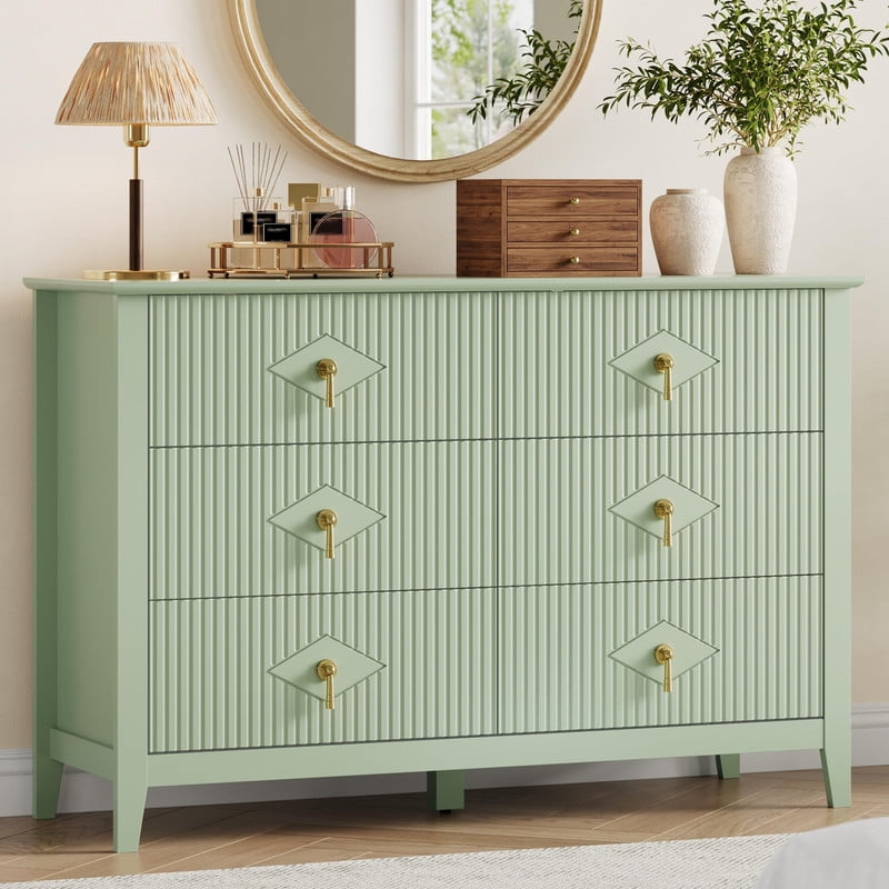 TROPOW Fluted 6 Drawers Dresser for Bedroom, 47.2" Wide Modern Chest of Drawers with Metal Handle, Wooden Dresser Organizer for Bedroom, Living Room, Hallway, Entryway