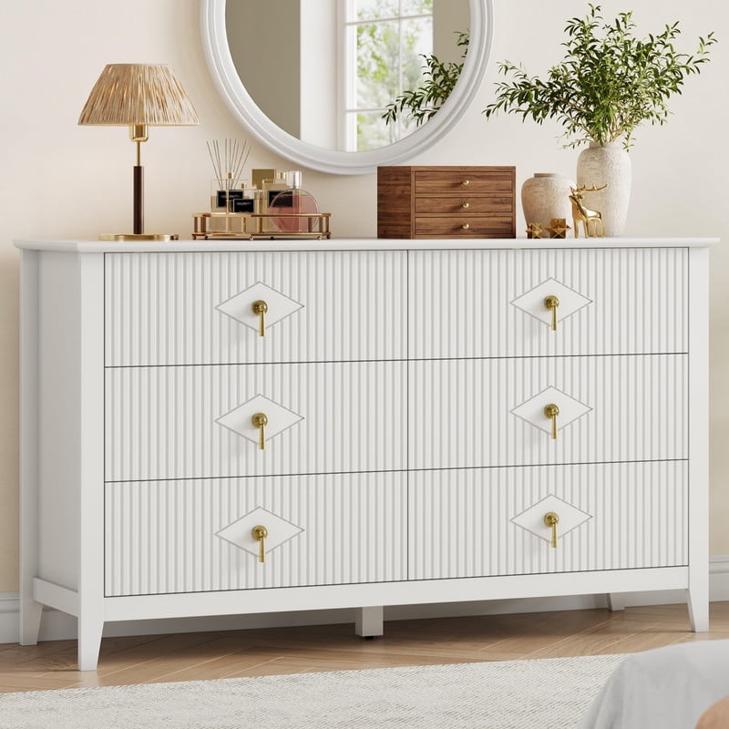 TROPOW Fluted 6 Drawers Dresser for Bedroom, 54" Wide Modern Chest of Drawers with Metal Handle, Wooden Dresser Organizer for Bedroom, Living Room, Hallway, Entryway