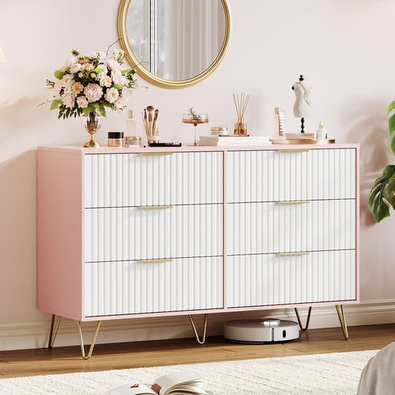 TROPOW Fluted Dresser for Bedroom with 6 Drawers,Modern Chest of Wooden Drawers with Metal Handle,Wide Clothes Storage Organizer,Closet Dresser & TV Stand for Living Room,Hallway