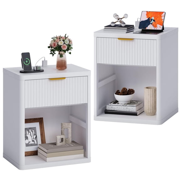 TROPOW Fluted Nightstands with Charging Station – Open Storage – Metal Handles, Rounded Corners – Mid Century Modern Bedside Tables for Bedroom or Living Room