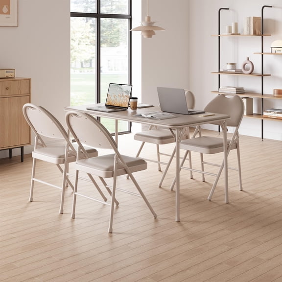 TROPOW Folding Chairs Set of 4, Metal Foldable Chair with and Non-Slip Feet Pads, Pu Party Chairs for Indoors and Outdoors, Room, Dining Room, in 1 Box,Beige