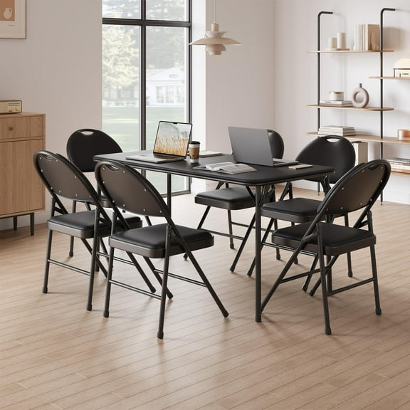 TROPOW Folding Chairs Set of 4, Metal Foldable Chair with and Non-Slip Feet Pads, Pu Party Chairs for Indoors and Outdoors, Room, Dining Room, in 1 Box, Black