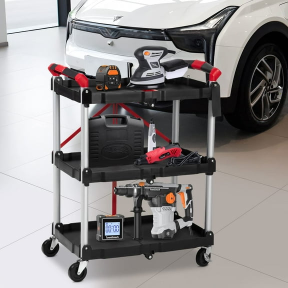TROPOW Folding Serving Trolley, 3-Tier Portable Trolley, Detailing Trolley, Cleaning Trolley with 2 Lockable Wheels, Use for Home/Commerce/Office/Warehouse, Black, 75 kg Load Capacity