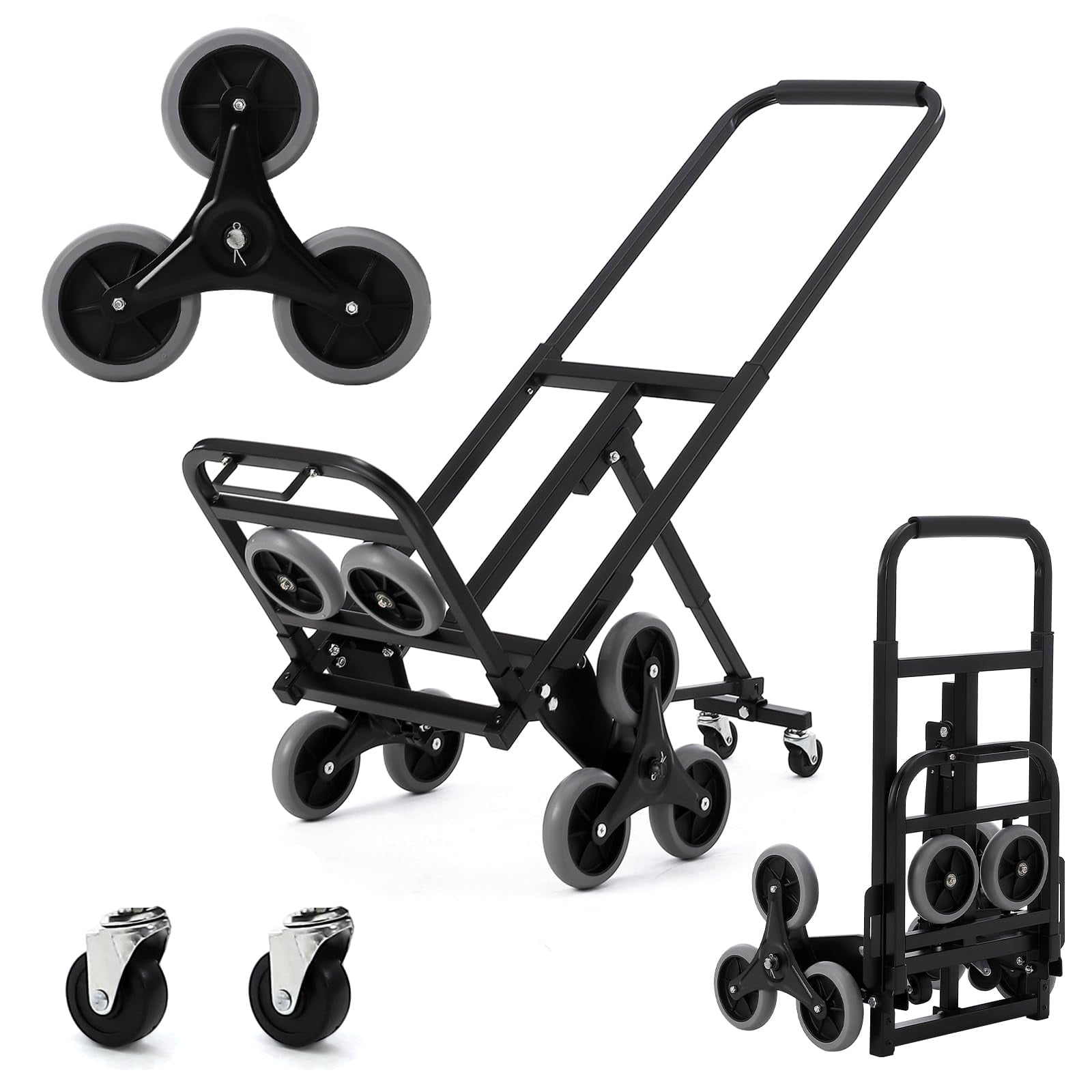 TROPOW Folding Stair Climber Hand Truck and Dolly, 330 LB Capacity Portable Stair Climbing Cart with Telescoping Handle, Trolley Cart Luggage Cart for Moving, Shopping, Travel, Office Use, Black