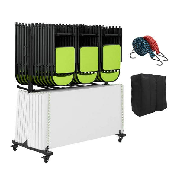 TROPOW Folding Table and Chair Cart, Folding Chair Strorage Rack with Cover, Height Adjust, PVC Lock Wheels, 800 LBS Capacity for 84 Chair, Heavy Duty Metal Chair Rack