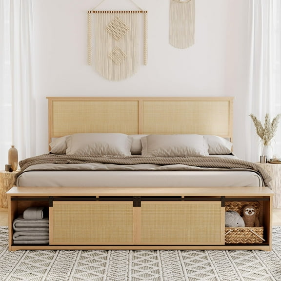 TROPOW Full Size Bed Frame,Natural Rattan Bed Frame with Sliding Barn Door Storage Cabinets and Headboard, Boho Farmhouse Wood Platform Bed with Solid Wood Legs Support, No Box Spring Needed