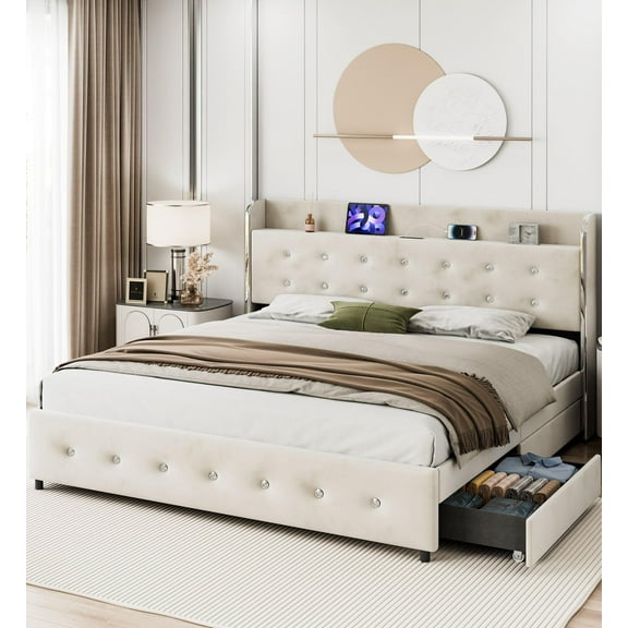 TROPOW Full Size Bed Frame, Upholstered Platform Bed Frame with Trundle and 4 Storage Drawers, Bed Frame with Diamond Tufted Headboard, Wooden Slats Support, No Box Spring Needed, Easy Assembly,Beige