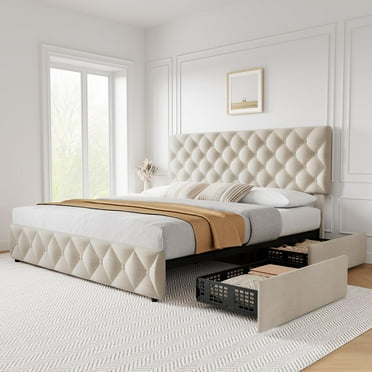TROPOW Full Size Bed Frame,with 4 Storage Drawers and Adjustable Headboard, Linen Upholstered Platform Bed Frame, Diamond Stitched Button Tufted, No Box Spring Needed,Off White