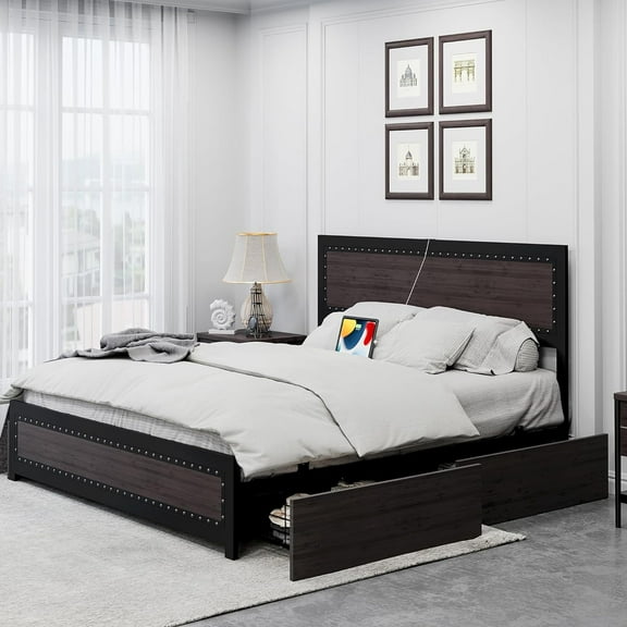 TROPOW Full Size Bed Frame,with Headboard, Platform Metal Bed Frame with 4 Storage Drawers and Charge Station, Strong Metal Slats Support, No Box Spring Needed, Noise-Free Design, Drak Grey