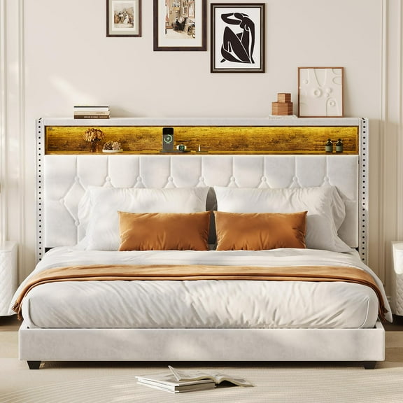TROPOW Full Size Bed Frame,with LED Lights and Charging Station, Velvet Upholstered Platform Bed Frame with Storage Headboard and Nailhead Trim Wingback, No Box Spring Needed/Wood Slats, Off White