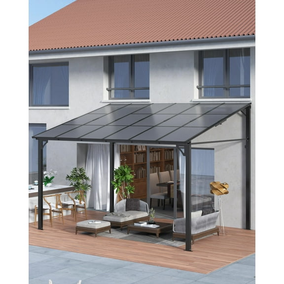 TROPOW Gazebos for Gardens,10'x 12' Lean to Gazebo, Hardtop Wall Pergola with Polycarbonate Roof, Aluminum Frame Mounted Gazebo for Lawn Patio Deck Yard and Party