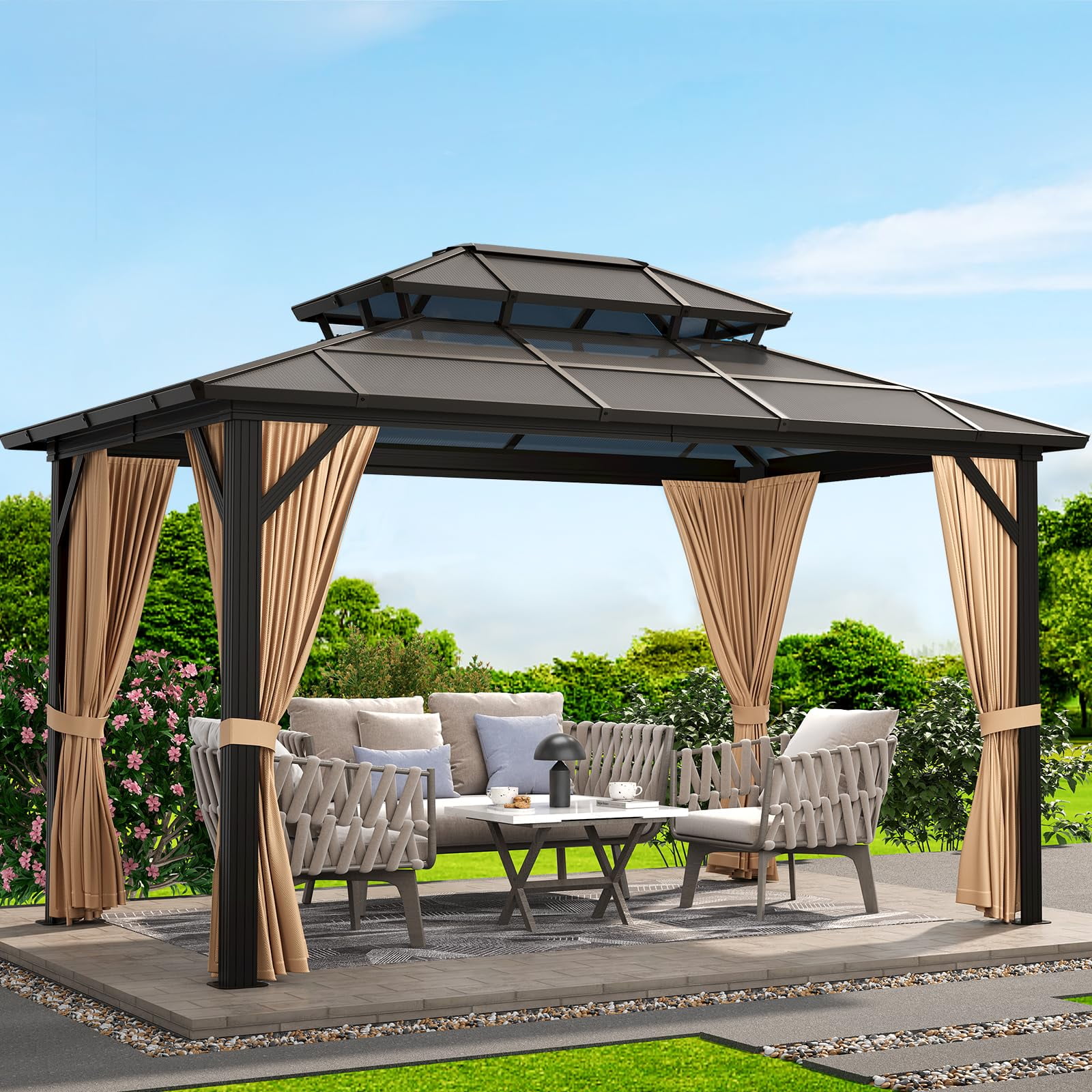 TROPOW Gazebos for Gardens,10x13ft Hardtop Gazebo,All Seasons Gazebos,Outdoor Polycarbonate Double Roof Canopy,Aluminum Frame Permanent Garden Tent with Curtains and Netting for Patio, Lawns,Khaki
