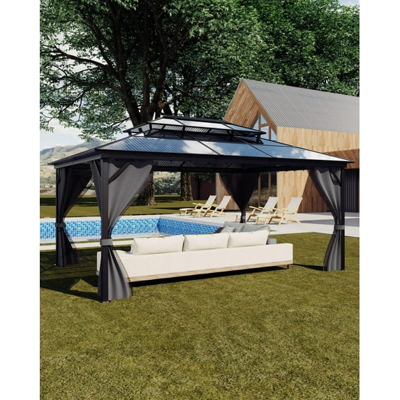 TROPOW Gazebos for Gardens,All Seasons Gazebos,Hardtop Gazebo 10'x13' for All Weather, Double Polycarbonate Sheets Roof, Aluminum Alloy Frame, Net, and Curtain, Permanent Building for Patio,Gray