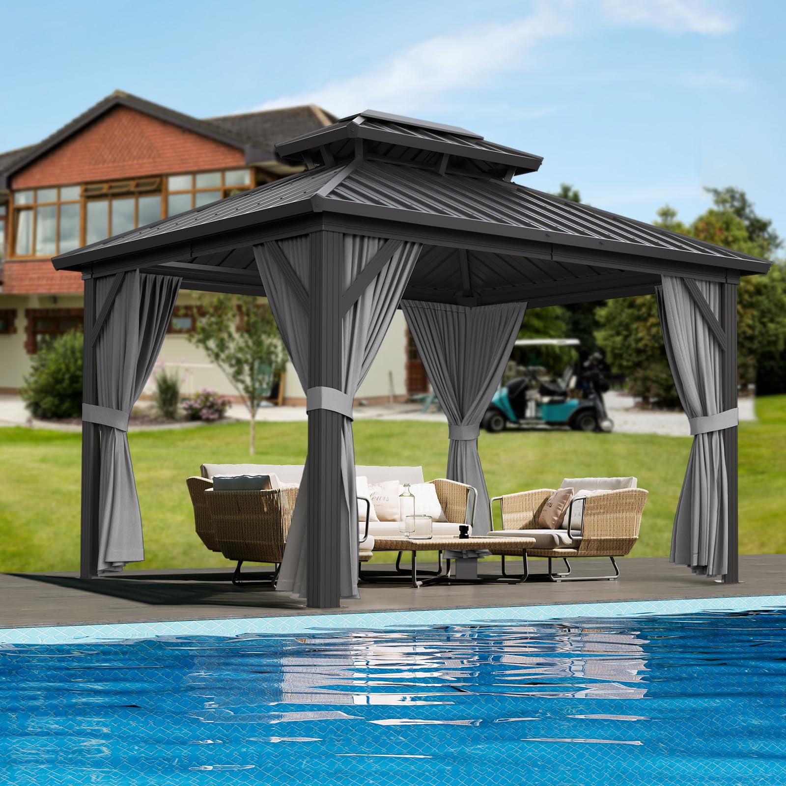 TROPOW Gazebos for Gardens, Outdoor Metal Pavilion with Galvanized Steel and Aluminum Frame, Double Roof Canopy with Netting and Curtains - Ideal for Patio, Backyard, Deck, and Lawns,Gray(12 * 12ft)