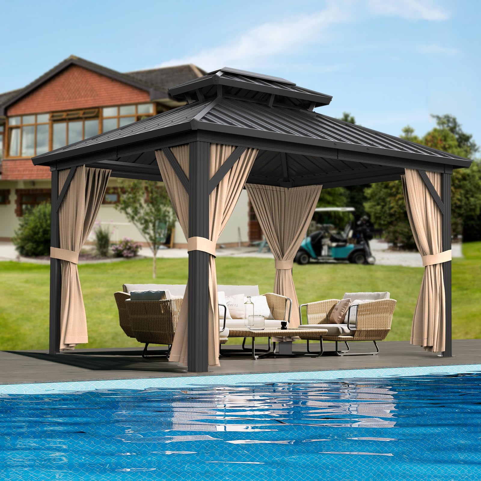 TROPOW Gazebos for Gardens, Outdoor Metal Pavilion with Galvanized Steel and Aluminum Frame, Double Roof Canopy with Netting and Curtains - Ideal for Patio, Backyard, Deck, and Lawns,Khaki(10 * 10ft)
