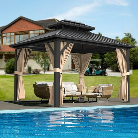 TROPOW Gazebos for Gardens, Outdoor Metal Pavilion with Galvanized Steel and Aluminum Frame, Double Roof Canopy with Netting and Curtains - Ideal for Patio, Backyard, Deck, and Lawns,Khaki(10 * 12ft)