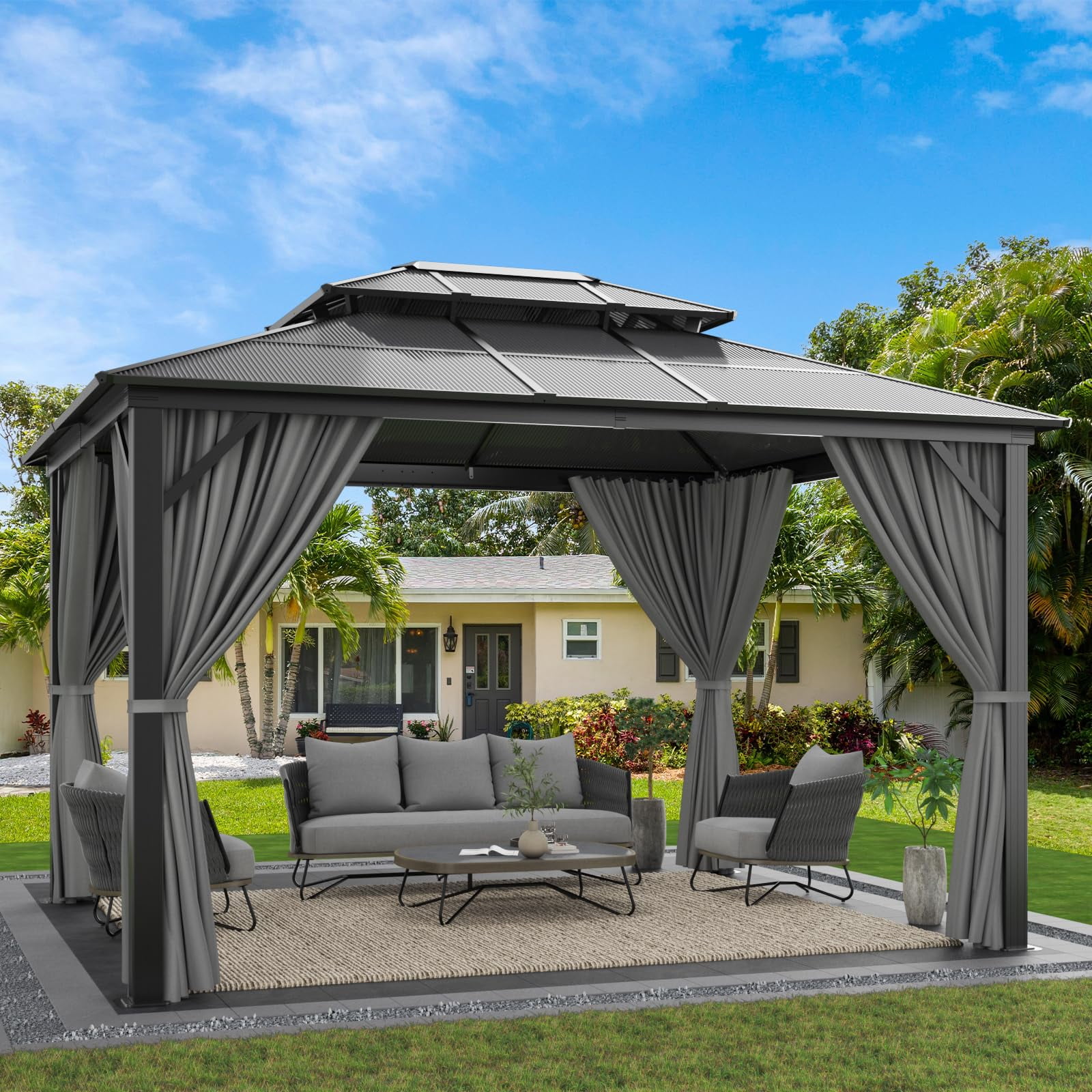 Gray 10x12ft Aluminum Hardtop Gazebo with Curtains and Nettings