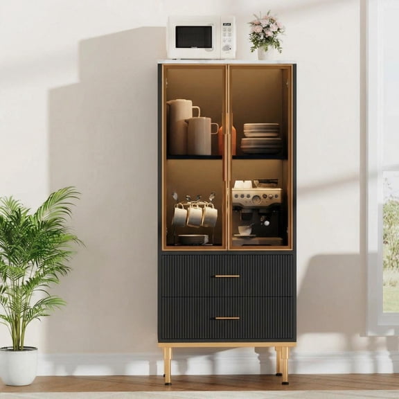 TROPOW Glass Door Pantry Cabinet, Kitchen Storage Cabinet with 2 Drawers, Tall Display Sideboard Cabinet with Shelves for Living Room, Office, Entryway, Buffet Cabinet