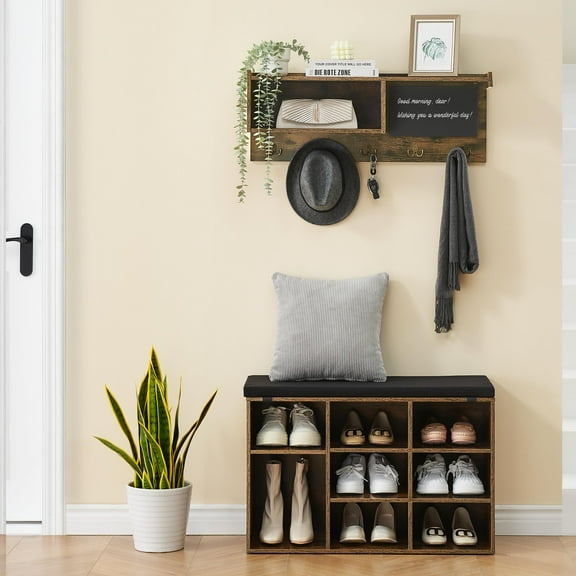 TROPOW Hall Tree Shoe Bench Industrial 6 in 1 Coat/Shoe Rack with 5 Hooks, 9 Storage Cubbies with Bookshelf and Small Blackboard, for Entryway, Hallway, Living Room (Brown, 31.5 inch)