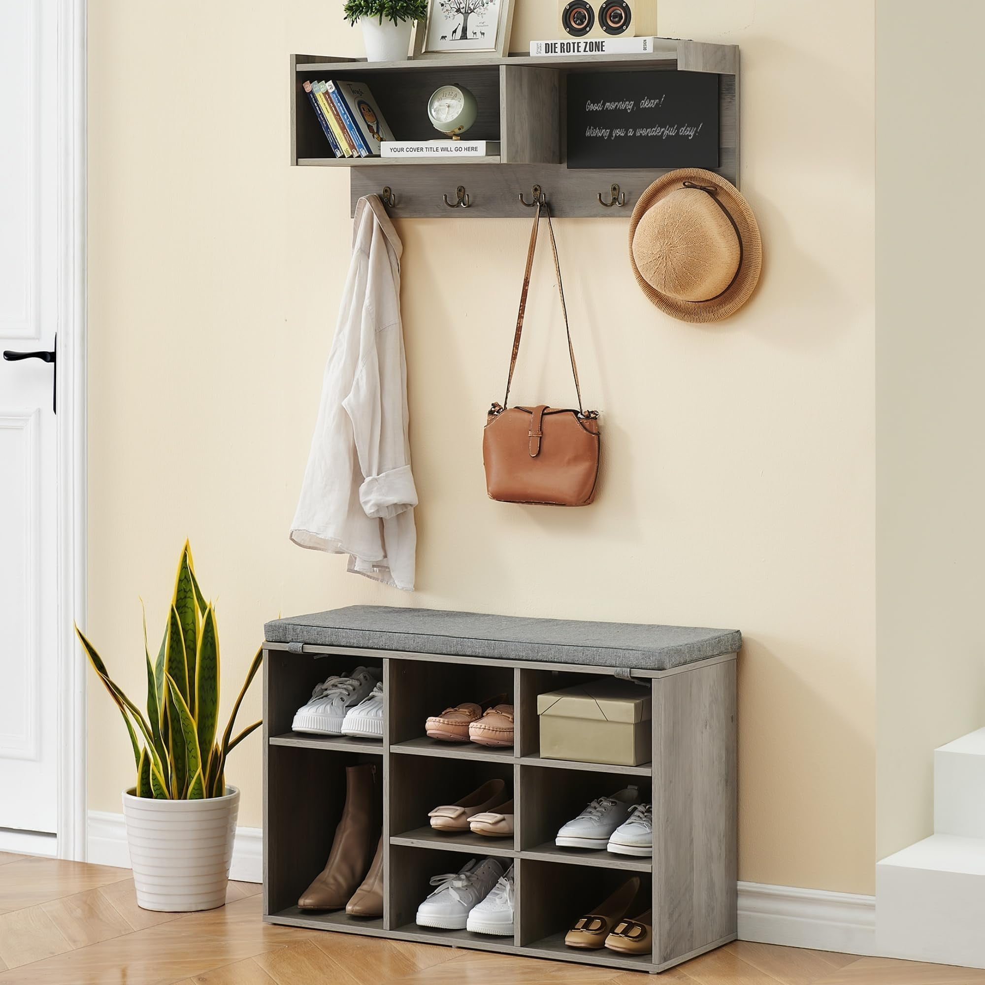 TROPOW Hall Tree Shoe Bench Industrial 6 in 1 Coat/Shoe Rack with 5 Hooks, 9 Storage Cubbies with Bookshelf and Small Blackboard, for Entryway, Hallway, Living Room (Gray, 31.5 inch)
