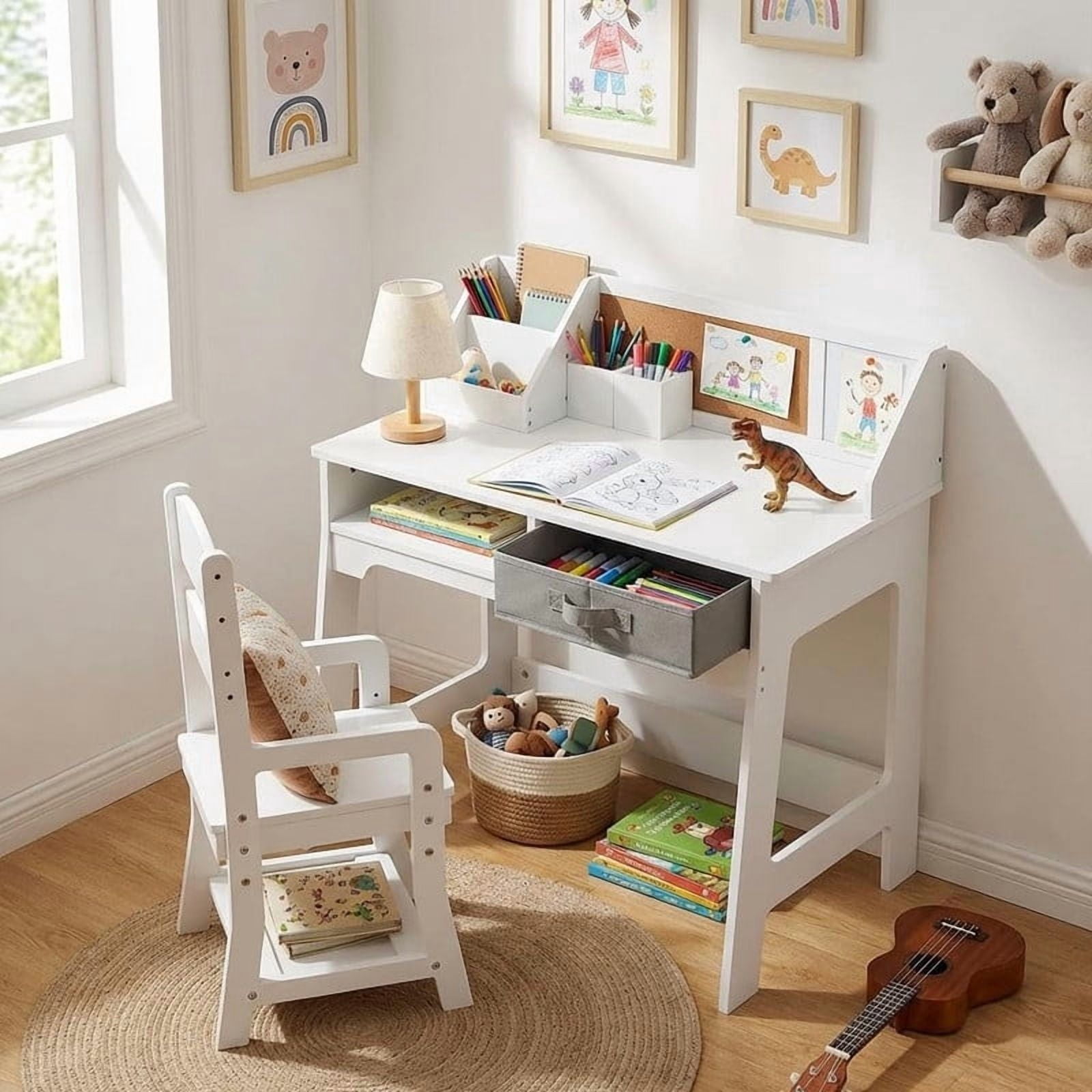 TROPOW Height Adjustable Kids Study Desk and Chair Set with Hutch,Wooden Student Table Featuring Drawers, Pen Holders, Cork Board, Perfect for Homework, Arts & Crafts, Ages 3-8,White