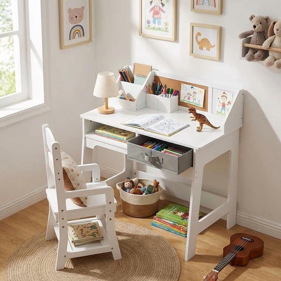 TROPOW Height Adjustable Kids Study Desk and Chair Set with Hutch,Wooden Student Table Featuring Drawers, Pen Holders, Cork Board, Perfect for Homework, Arts & Crafts, Ages 3-8,White