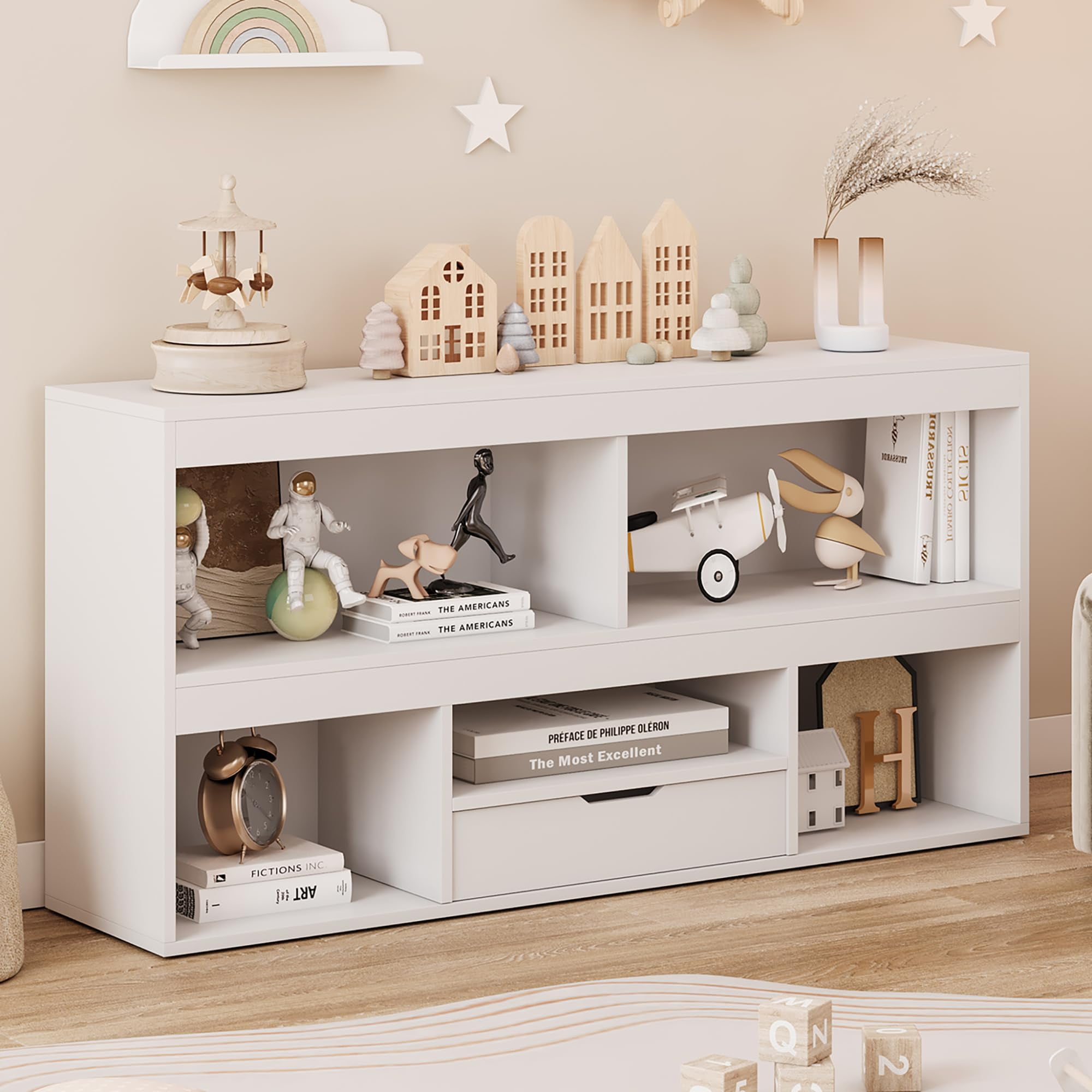 TROPOW IDEALHOUSE Toy Storage Organizer 5 Cubes Kids Bookshelf with Drawer Wooden Storage Cabinet Playhouse Shelves Cabinet for Boys Girls Toy Bookcase Playroom, Classroom, Nursery, Kids Room