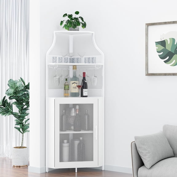 TROPOW Industrial Corner Bar Cabinet for Dining Room – Removable Wine & Glass Racks, Adjustable Shelves, Mesh Doors, Built-in Lighting – Home Liquor & Wine Storage