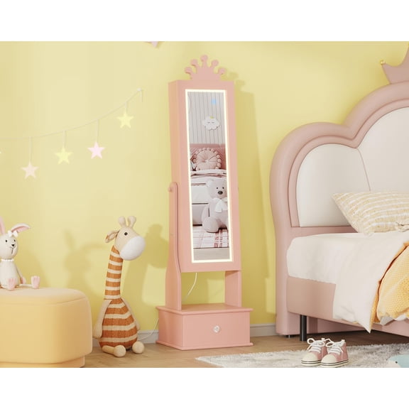 TROPOW Jewelry Armoire with Full-Length Mirror and LED Light, Child Jewelry Cabinet with 3 Storage Drawers, Freestanding Vanity Dress Up Mirror Organizer for Girls, Durable and Portable Design