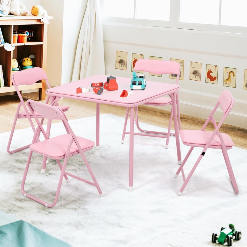 TROPOW Kids Folding Table and Chairs Set of 4, 5-Piece Children's Activity Table Set with Padded Vinyl Cushion, Toddler Table Set for Playroom, Nursery, Bedroom