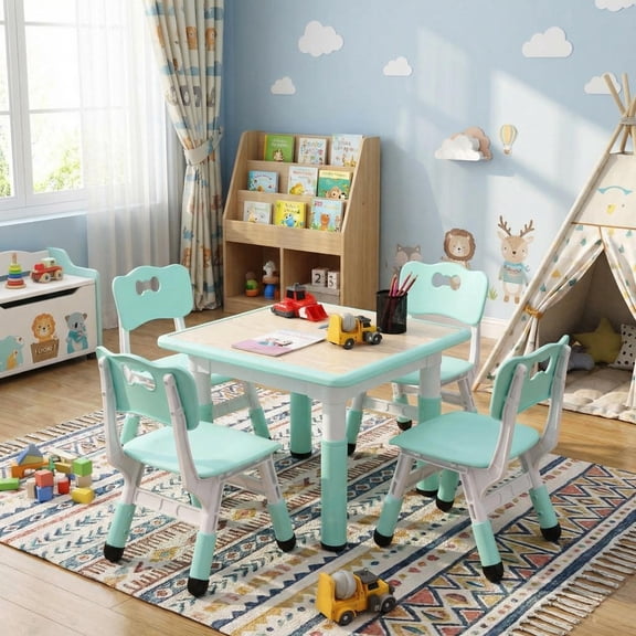 TROPOW Kids Table Set for 4, Kids Table with 4 Chairs Set, 23" Height Adjustable Toddler Table with Non-Slip Legs & Organizer, Graffiti Desktop, Preschool Activity Desk for Kids Ages 2-10