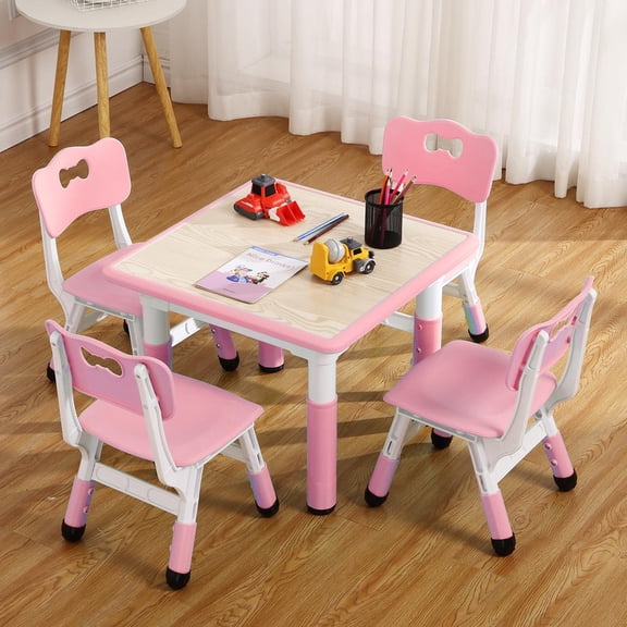 TROPOW Kids Table Set for 4, Kids Table with 4 Chairs Set, 23" Height Adjustable Toddler Table with Non-Slip Legs & Organizer, Graffiti Desktop, Preschool Activity Desk for Kids Ages 2-10
