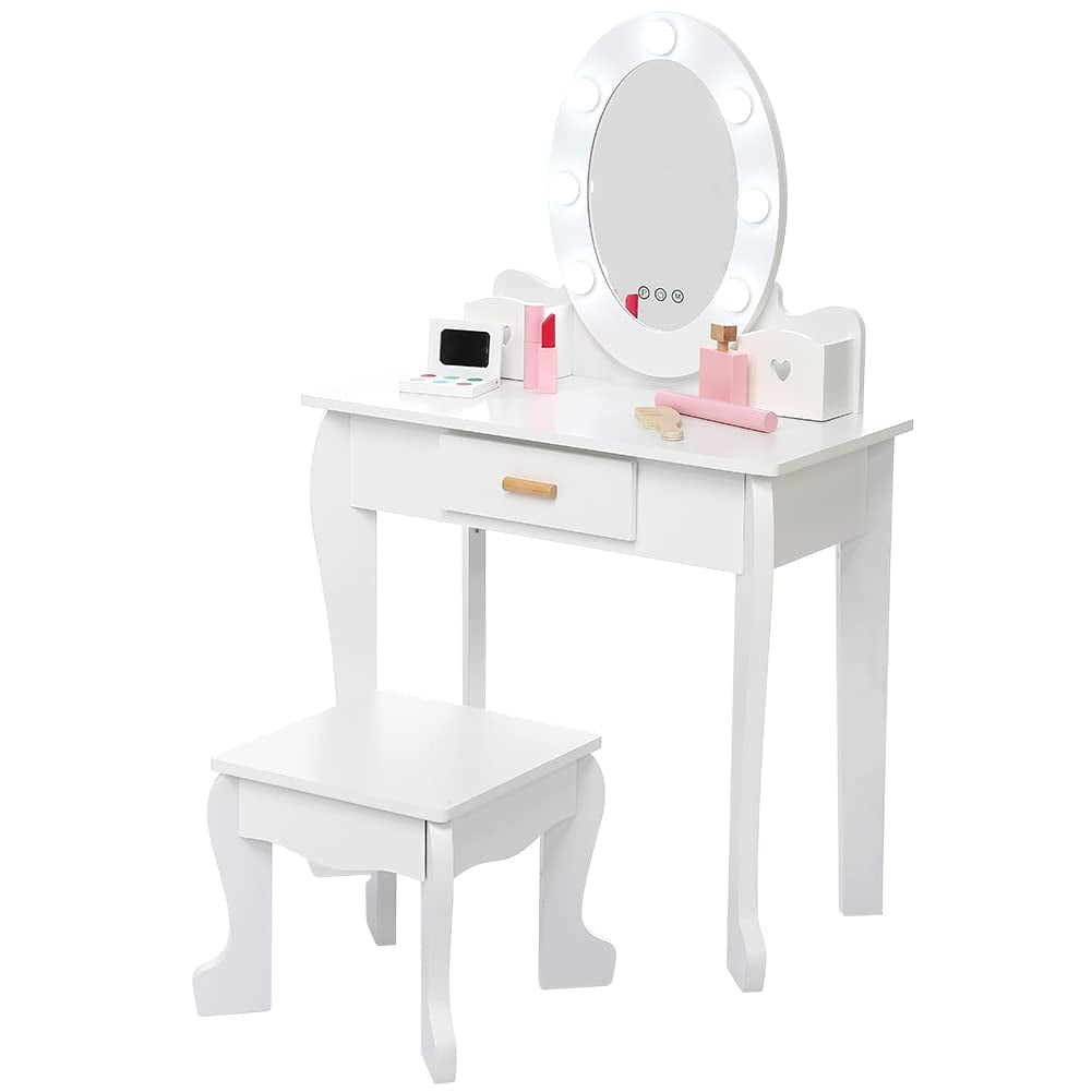 TROPOW Kids Vanity Set with Drawer and Stool, Girls Vanity Set with with Lights and Mirror for Girls, Wood Makeup Playset Birthday for Age 4-9 Years, White