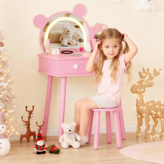 TROPOW Kids Vanity Table with Lights,Cute Bear Shaped Dressing Tables,Wooden Princess Toddler Make Up Table Set with Storage Drawers &Stool, Pretend Play Vanity Sets for Little Girls,Pink