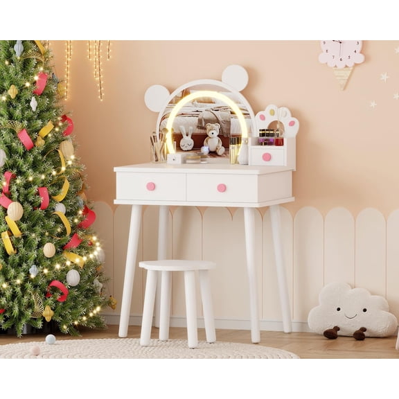 TROPOW Kids Vanity Table with Lights,Cute Bear Shaped Dressing Tables,Wooden Princess Toddler Make Up Table Set with Storage Drawers &Stool, Pretend Play Vanity Sets for Little Girls,White
